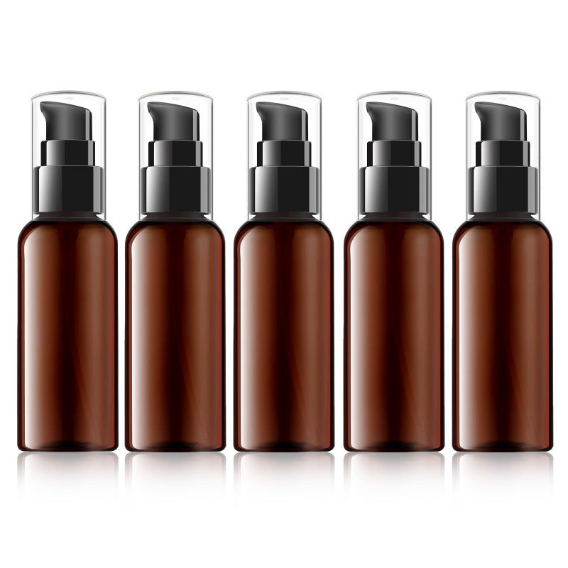 RAYNAG 5 Pack Travel Pump Bottles Empty Refillable Plastic Pump Bottle Spray Bottle Dispenser With Black Cap for Lotion Cream Essential Oil Travel Container, 50ml/1.7oz (Brown) - Image 1